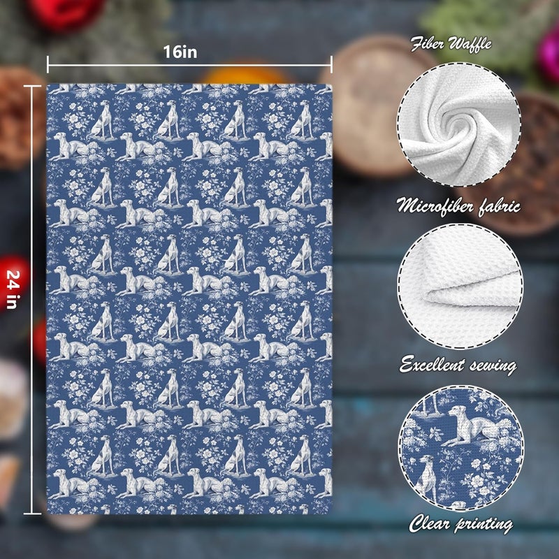 Nipil Greyhound Dog Gifts for Chinoiserie Floral Decor Kitchen Towels，Blue and White Greyhound Dog Grandmillennial Decorative Dish Tea Towels for Kitchen Bathroom,16x24 Inch - Image 2
